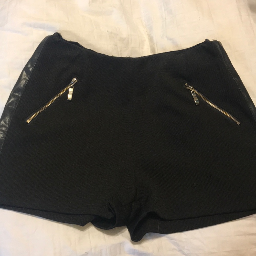 Black dress shorts with leather detail